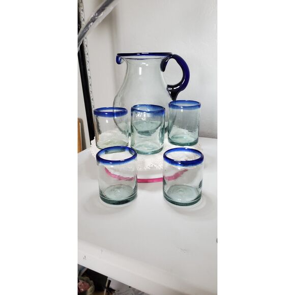 Hand Blown Mexican Glass Pitcher and 5 matching Glasses ~Merrari~ - Picture 1 of 14